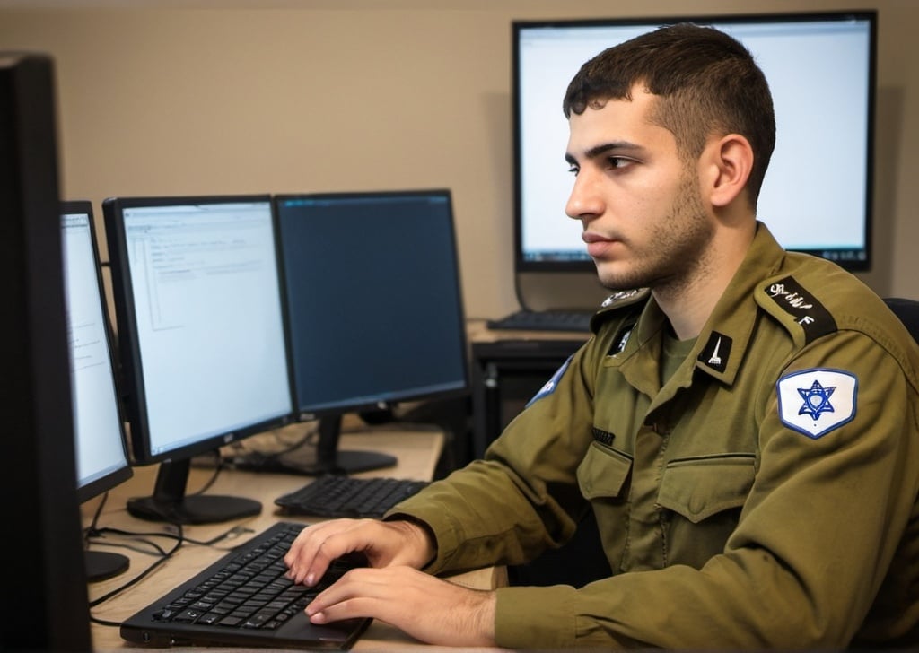 Prompt: IDF soldier, working as software developers in the Enigma program. They are collaborating on coding and developing complex software solutions for military applications, ensuring high standards of performance and security