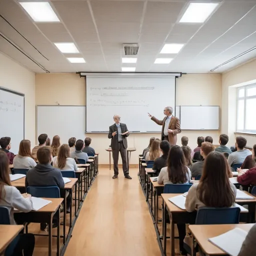 Prompt: A professor in university giving a lecture about physics to a huge class 