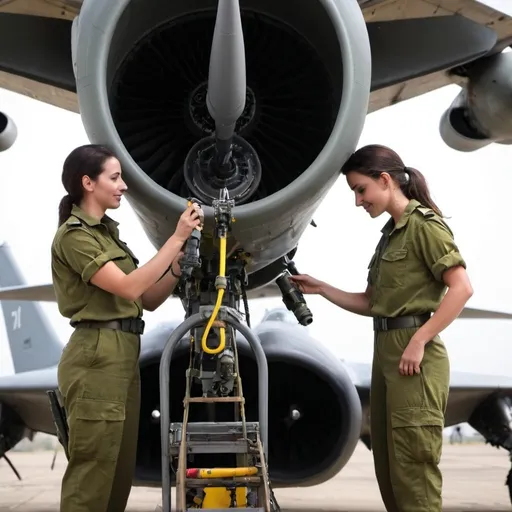 Prompt: IDF soldiers (male and female) performing routine maintenance on military aircraft, ensuring all components are functioning properly and conducting thorough inspections