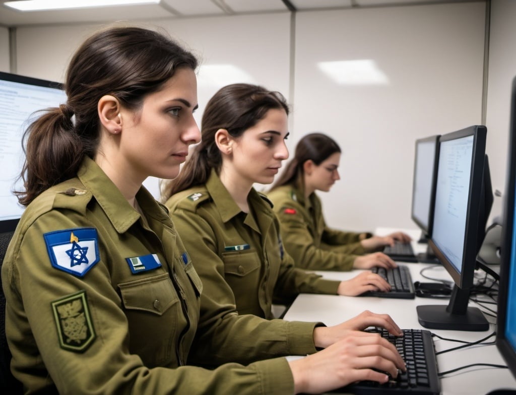 Prompt: IDF soldiers (both genders) coding in computer and testing automation scripts in Python, facilitating the efficient management and scaling of military IT infrastructure