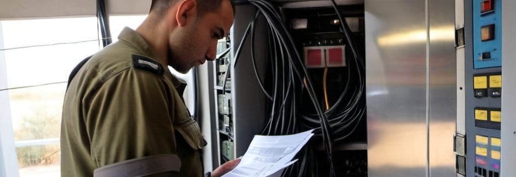 Prompt: IDF soldier is looking at a piece of paper in a machine room with a lot of wires, Avigdor Arikha, les automatistes, david lazar, a stock photo