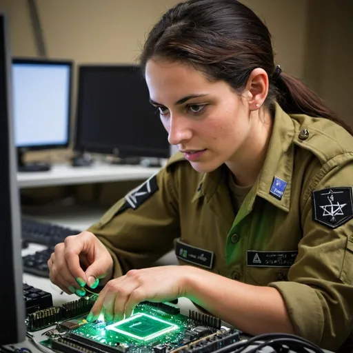 Prompt: female IDF soldier developing a computer chip