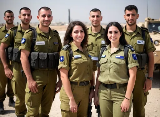 Prompt: Group of IDF soldiers (male and female) working in diverse roles within the Coordination of Government Activities in the Territories (COGAT), from operations and infrastructure to international relations and security liaison