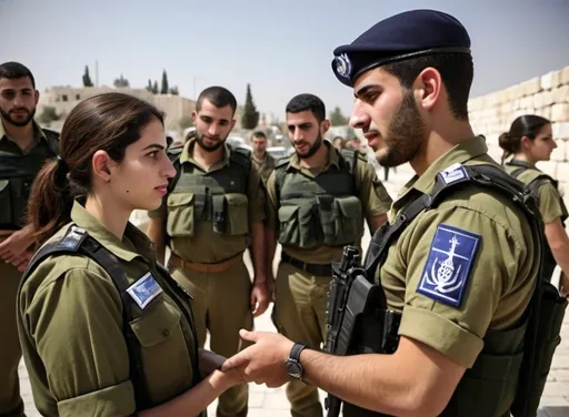 Prompt: IDF soldiers (male and female) coordinating civilian and security affairs between the Israeli government and the Palestinian territories, demonstrating knowledge of the Israeli-Palestinian conflict and Arabic language skills