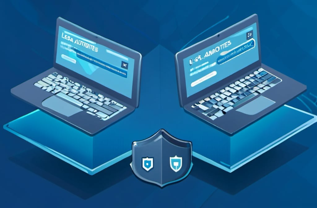 Prompt: two laptops with a shield on the screen and a mouse on the keyboard, with a blue background, Andries Stock, les automatistes, technology, computer graphics