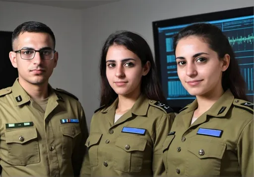 Prompt: IDF Agam program graduates, including male and female, using their training in diverse technological systems to process and analyze intelligence data. They are embedded within various bases, contributing to the effectiveness of the central collection unit in Military Intelligence