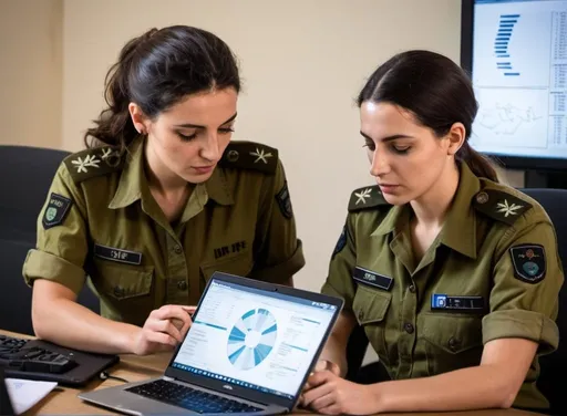 Prompt: IDF soldiers (both genders) analyzing and condensing raw intelligence data into concise, actionable daily briefs, enhancing the unit's overall operational intelligence capabilities