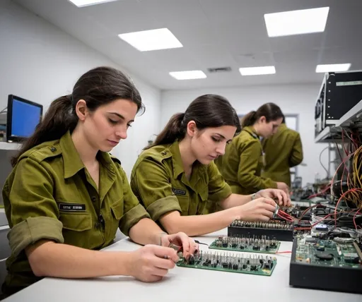 Prompt: IDF soldiers (both genders) conducting experiments and reliability tests on advanced electronic components, showcasing practical engineering skills in a controlled lab environment