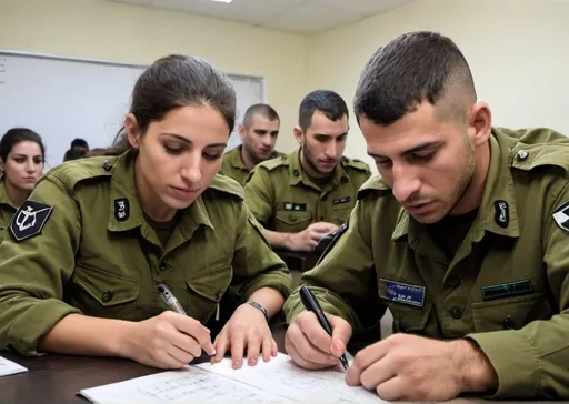 Prompt: IDF soldiers, including both men and women, leveraging their training in advanced technologies and language skills to support covert operations. They are part of a classified unit, using their comprehensive education to enhance Israel's intelligence capabilities