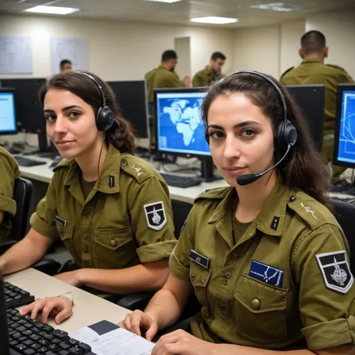 Prompt: IDF soldiers, both male and female, specializing in information systems within the Enigma program. They are managing and optimizing databases, ensuring efficient data flow and secure storage for critical military operations