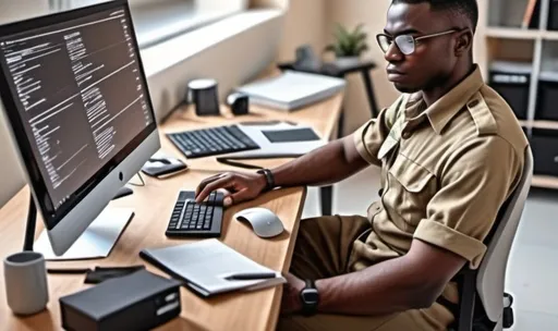 Prompt: a black IDF soldier sitting at a desk with a computer and a laptop on it, with a monitor and keyboard on the desk, Andries Stock, computer art, raytracing, a stock photo