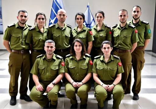 Prompt: A team of IDF Agam program graduates, including both men and women, utilizing a variety of technological systems to support intelligence gathering and warning processes. They are stationed at different bases, applying their training to enhance national security operations