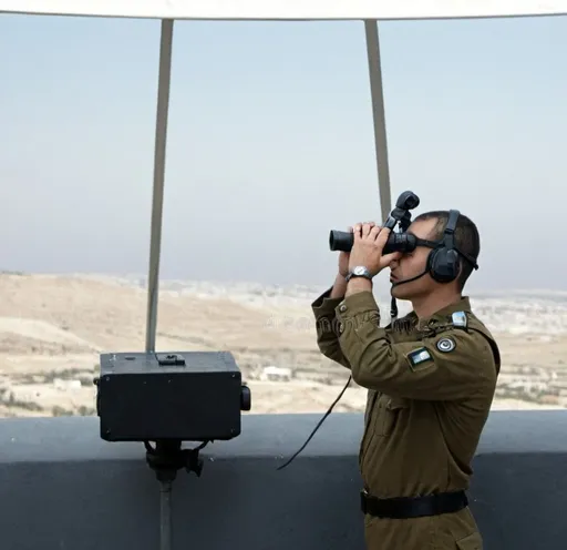 Prompt: a IDF soldier with a pair of headphones using binoculars, Avigdor Arikha, new objectivity, david lazar, a stock photo