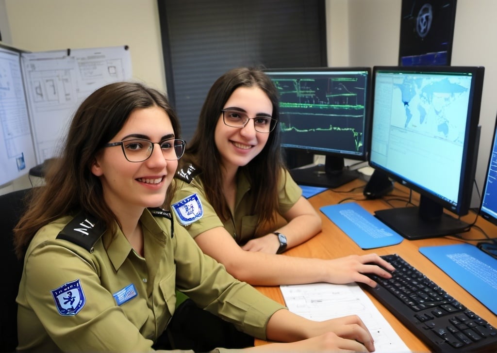 Prompt: IDF soldiers Erezim program graduates, both male and female, engaging in cutting-edge cyber research to protect national security. They are using their in-depth knowledge from their academic studies to enhance the IDF's cyber capabilities and defense mechanisms