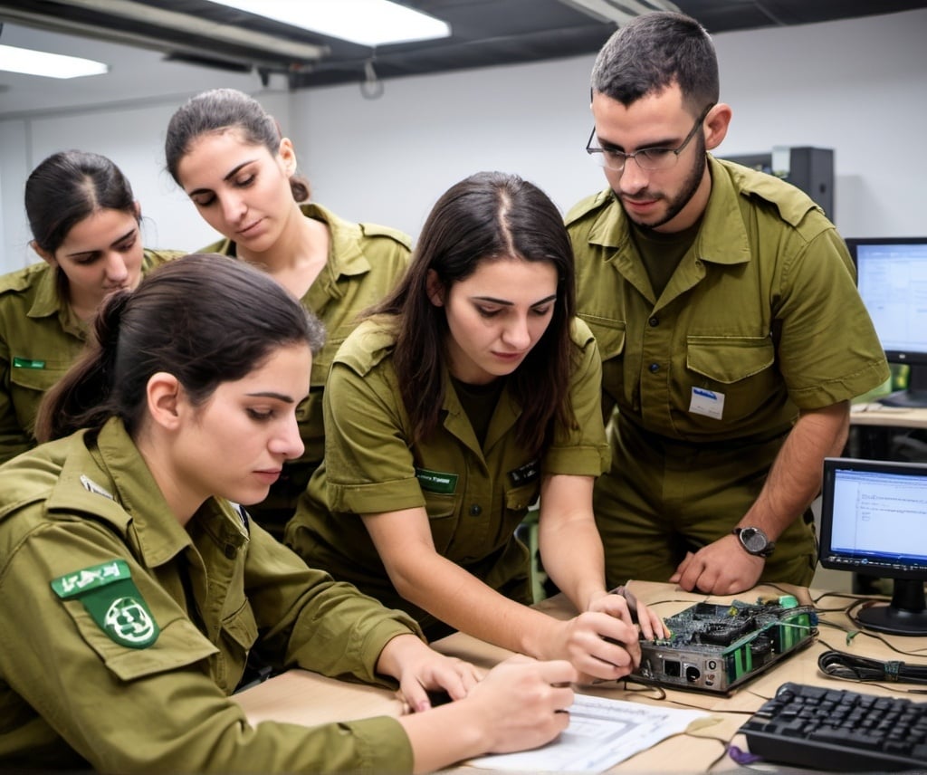 Prompt: Mixed-gender team of IDF soldiers receiving practical training in an electronics lab, collaborating on system maintenance and repair tasks, highlighting independence, initiative, and effective communication skills