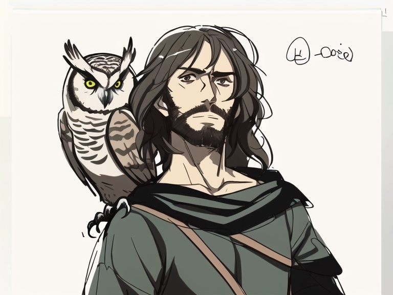 Prompt: a drawing of a man with a owl on his shoulder, Altichiero, context art, ross draws, a sketch