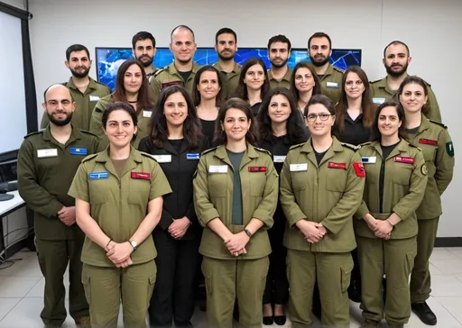 Prompt: "IDF Psagot program graduates, both male and female, leading interdisciplinary R&D teams within the defense sector. They are leveraging their dual expertise in electrical engineering and physics to create groundbreaking technologies that enhance national security capabilities