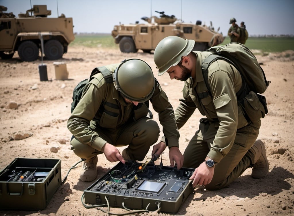 Prompt: IDF soldiers conducting field repairs on ground-based electronic warfare equipment, demonstrating their ability to manage and fix complex systems under various conditions