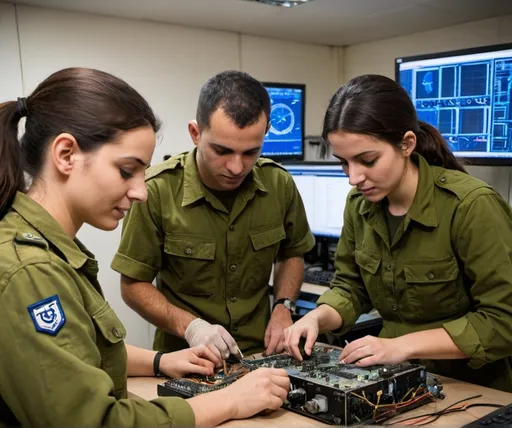 Prompt: IDF soldiers (male and female) working together in the electronics systems team, performing maintenance and diagnostics on complex electronic systems, showcasing teamwork and technical proficiency in a high-pressure environment