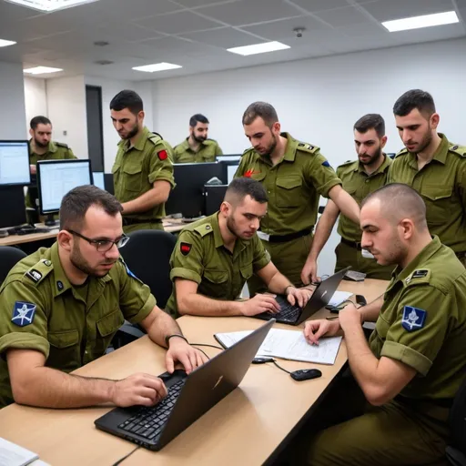 Prompt: A team of IDF soldiers, including both men and women, performing quality assurance (QA) tasks to identify and fix software bugs. They are using advanced testing methodologies to ensure the reliability and effectiveness of military software systems