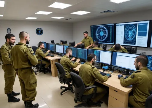 Prompt: A team of IDF cyber soldiers, including both men and women, working on advanced cyber projects in a secure facility. They are utilizing their newly acquired technical knowledge from the Amnon program to enhance the IDF's cyber capabilities