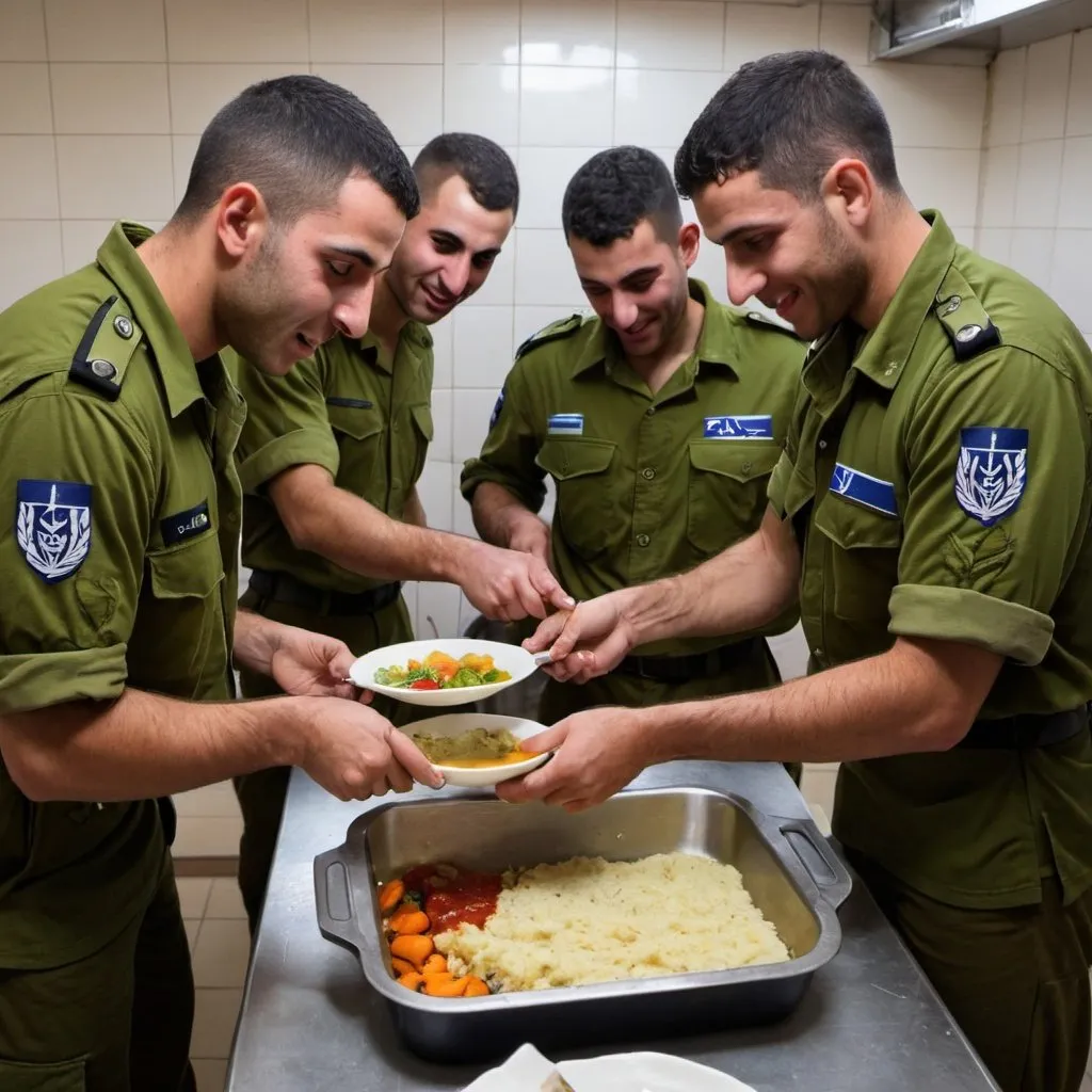 Prompt: team of IDF soldiers preparing a meal