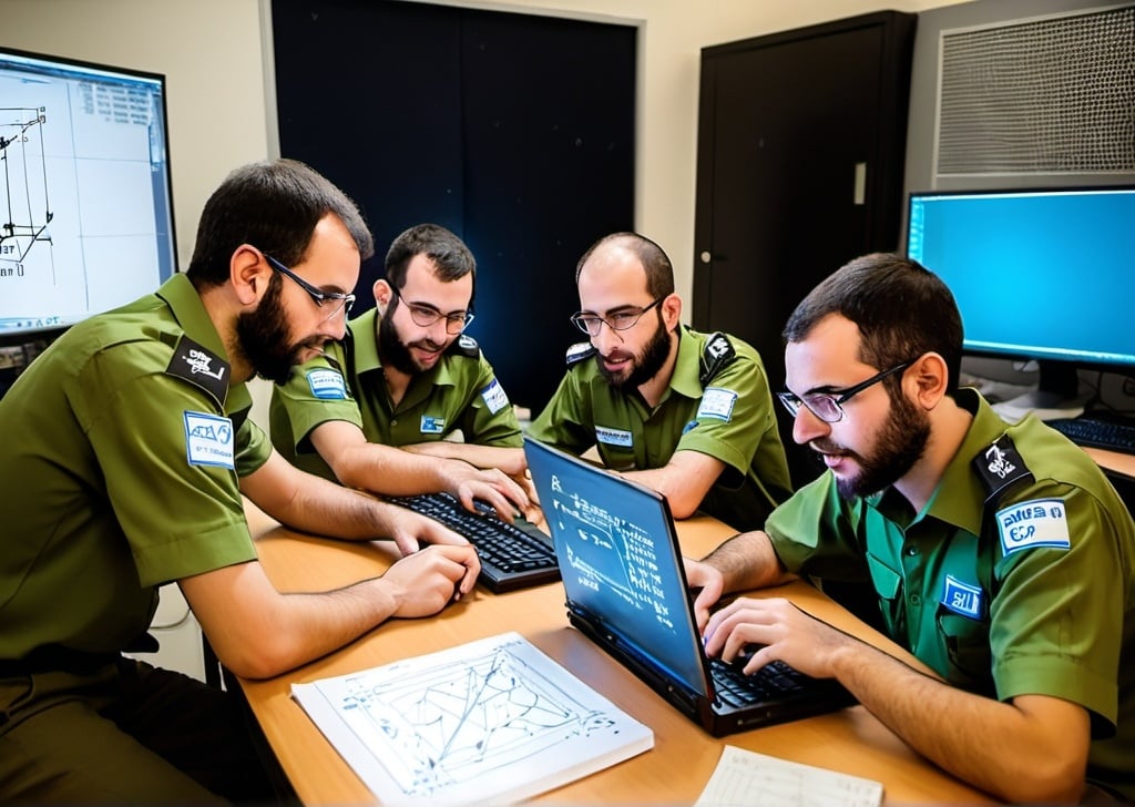 Prompt: A team of IDF soldiers,utilizing their expertise in mathematics and computer science to solve high-complexity mathematical problems. They are part of advanced research units, developing innovative solutions for military applications