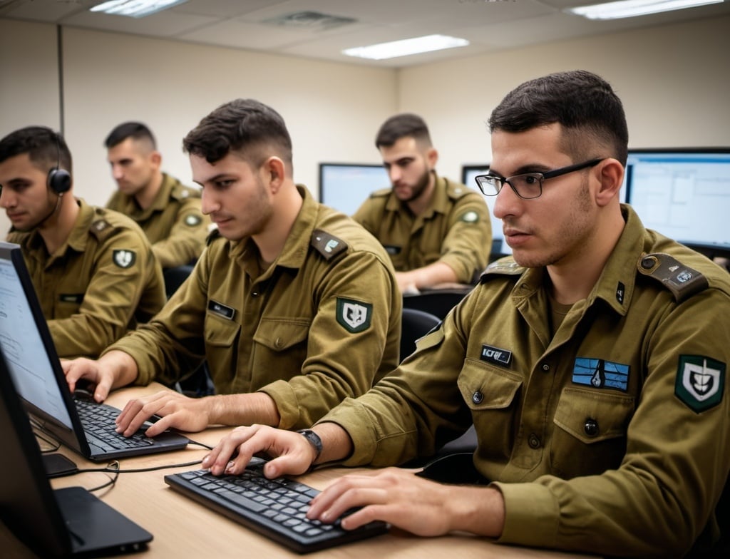 Prompt: Group of IDF soldiers implementing and monitoring continuous integration/continuous deployment (CI/CD) systems, ensuring streamlined software delivery and operational efficiency