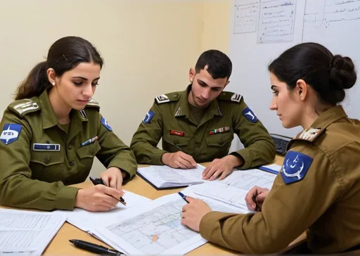 Prompt: IDF soldiers, both male and female, utilizing their deep understanding of Middle Eastern geopolitics and Arabic language skills to analyze intelligence reports. They are providing critical insights to support strategic military decisions within a classified unit