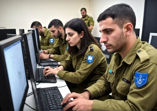 Prompt: A team of IDF soldiers, including both men and women, applying their technological expertise and research methodologies to conduct in-depth analysis of regional threats. They are developing actionable intelligence to aid in national security operations