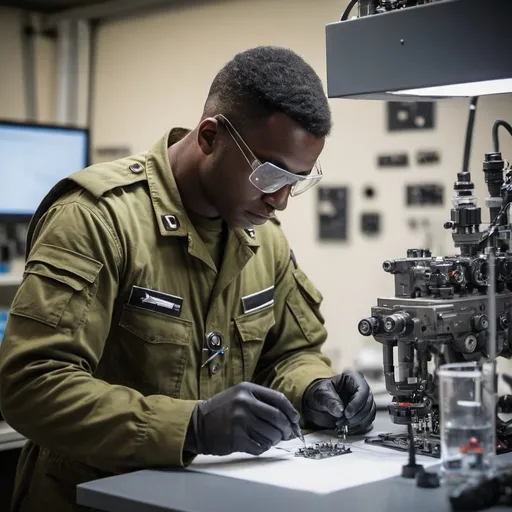 Prompt: black IDF soldier working in a lab, repairing and replacing parts of advanced aircraft, showcasing his technical expertise and precision under various conditions