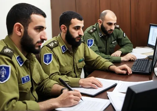 Prompt: IDF intelligence analysts, utilizing their deep understanding of Arabic language and culture to interpret and analyze regional intelligence. They are contributing to national security by providing nuanced and context-rich intelligence assessments
