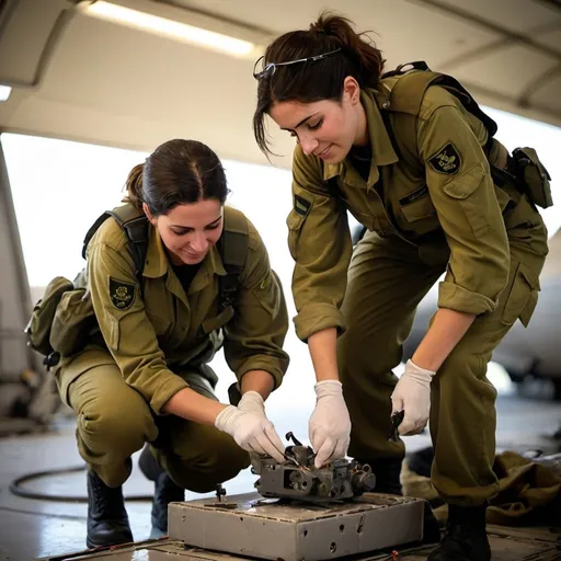 Prompt: IDF soldiers (both genders) executing immediate repairs on aircraft during emergency situations, demonstrating quick problem-solving skills and effective teamwork in high-pressure environments