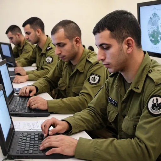 Prompt: IDF soldiers applying their self-taught skills and technological curiosity to enhance training programs. They are deploying new digital solutions in a military training facility, ensuring the programs are effective and engaging