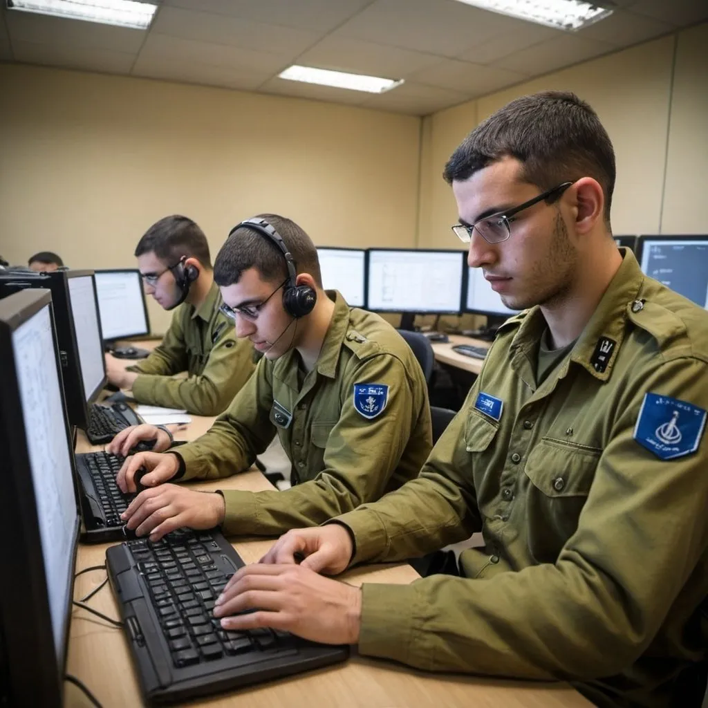 Prompt: IDF soldiers, independently conducting advanced research on technological and intelligence threats. They are integrating their training in physics, computer science, and mathematics to uncover and neutralize potential threats