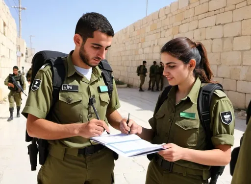 Prompt: IDF soldiers (both genders) engaging in security coordination and liaison tasks, documenting and registering activities while ensuring effective communication with the Palestinian population