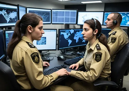 Prompt: IDF cyber intelligence officers, both male and female, collaborating in a high-tech command center. They are applying their knowledge of computer systems and programming to monitor and respond to cyber threats in real-time, ensuring robust defense mechanisms are in place