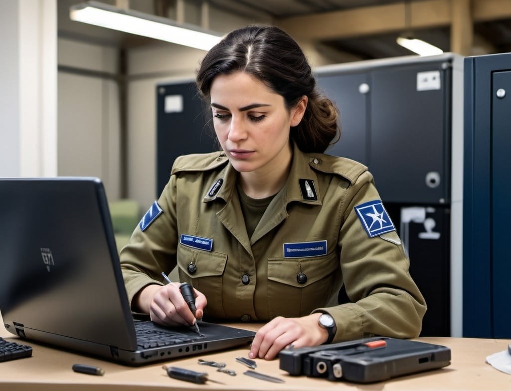 Prompt: a woman in an IDF uniform is fixing a laptop computer with a screwdriver , De Hirsh Margules, les automatistes, promotional image, a character portrait