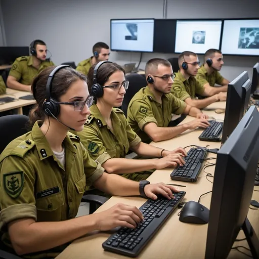 Prompt: IDF soldiers, male and female, engaged in a high-tech training session at a computer lab, learning web development and client-side product creation. The atmosphere is focused and collaborative, with soldiers working in teams