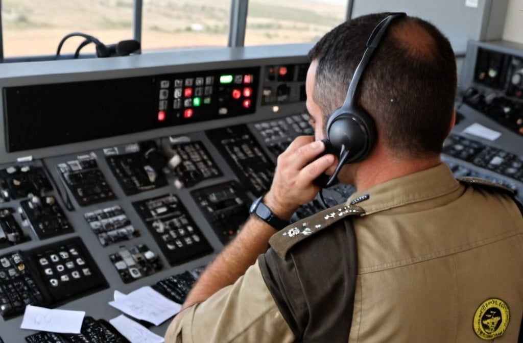 Prompt: a IDF soldier in a control room talking on a cell phone and wearing headphones and a headset with a microphone, Camille Bombois, les automatistes, thierry doizon, a stock photo