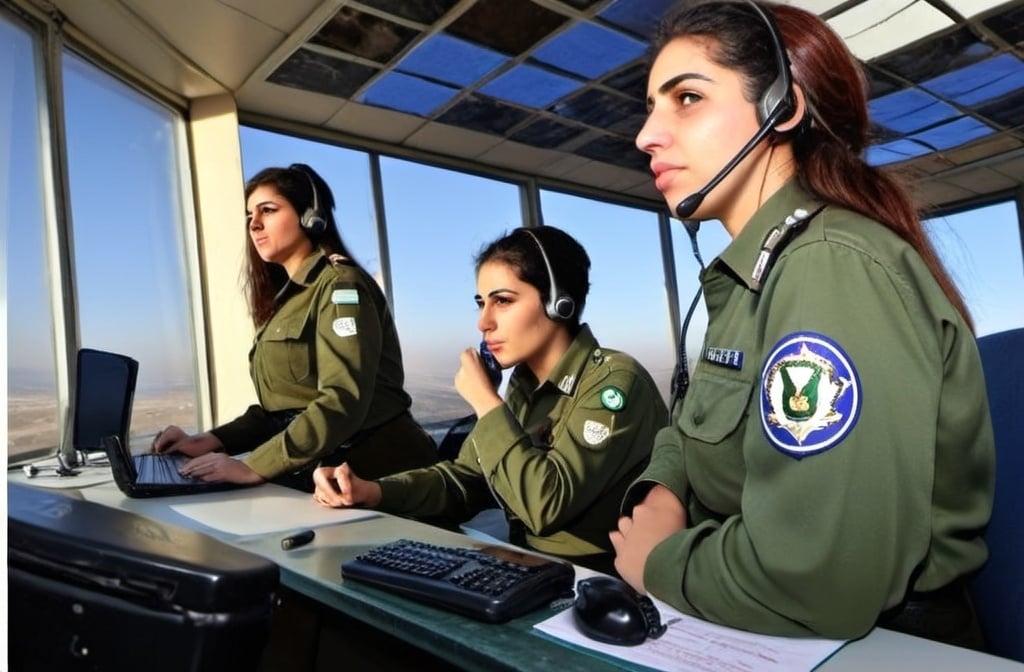 Prompt: 2 male and 1 female IDF soldiers sitting at a desk with laptops and telephones on their heads, Ayshia Taşkın, les automatistes, david lazar, a stock photo