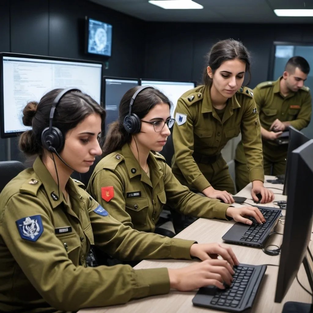 Prompt: IDF soldiers, both male and female, implementing their web development skills in a real-world scenario, creating digital training modules for other soldiers. They are in a well-equipped military tech center, collaborating and coding