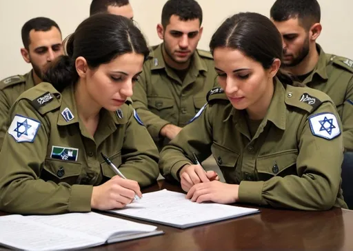 Prompt: IDF soldiers, both male and female, integrating their knowledge of Israeli intelligence systems and research techniques to monitor and assess activities in the Middle East. They are generating detailed reports that inform high-level military planning and strategy