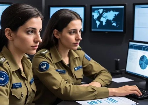 Prompt: IDF intelligence analysts, both male and female, synthesizing intelligence data and presenting comprehensive intelligence reports to decision-makers. They are using advanced analytical tools and methodologies to create clear and actionable intelligence insights