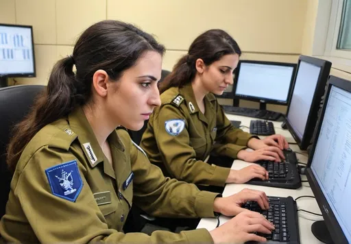 Prompt: IDF Agam program graduates, both male and female, applying their skills in data processing and intelligence analysis within the central collection unit. They are utilizing cutting-edge computer systems to interpret and deliver critical information to support military operations