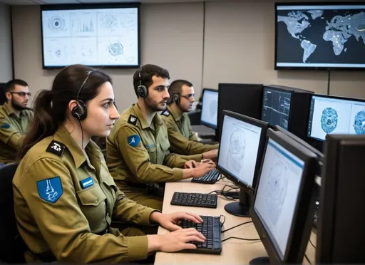 Prompt: A team of IDF soldiers, including both men and women, using their knowledge in computer science and data science to develop advanced intelligence-gathering tools. They are leveraging big data analytics to identify emerging threats and support decision-making processes