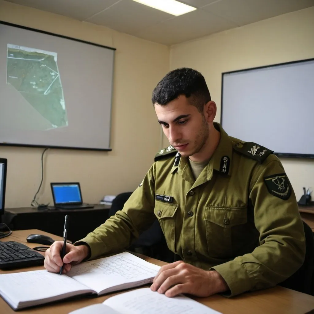 Prompt: IDF soldier developing a tutorial in a room
