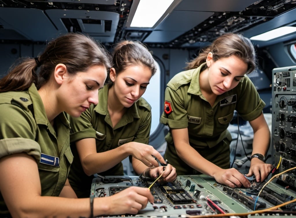 Prompt: Mixed-gender team of IDF soldiers conducting complex repairs on naval electronic warfare systems aboard military vessels, demonstrating their proficiency in maintaining sea-based operational capabilities