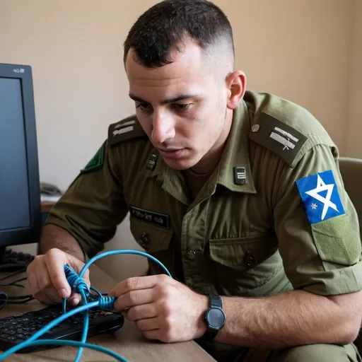 Prompt: IDF soldier plugging ethernet cable 