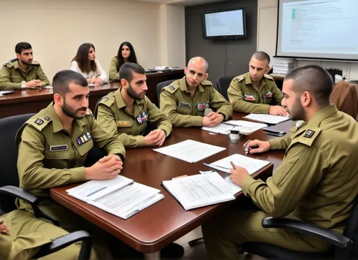 Prompt: IDF soldiers, both male and female, utilizing their background in economics and middle east knowledge to conduct in-depth analyses of economic trends and their potential impacts on national security. They are providing insights that inform strategic planning and resource allocation